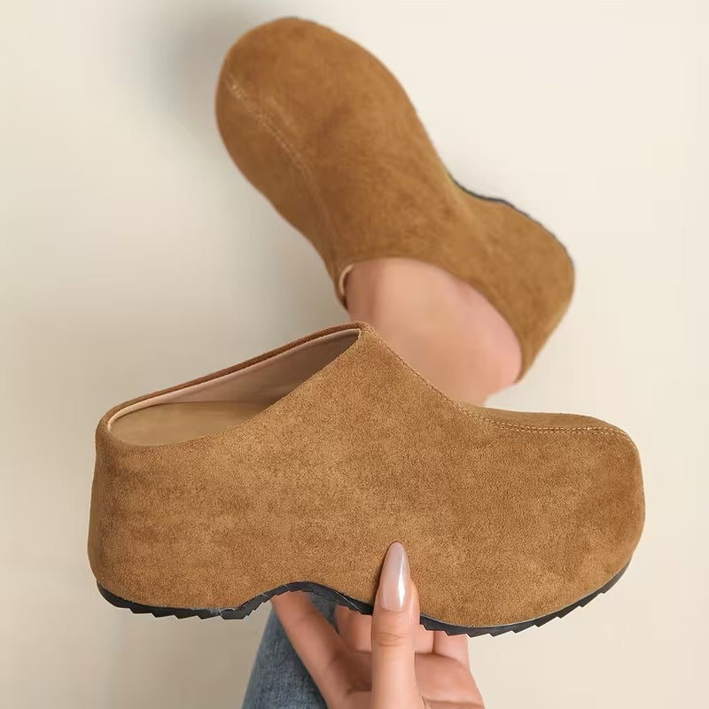 Zyndra | Minimal Suede Closed Toe Chunky Platform Mules