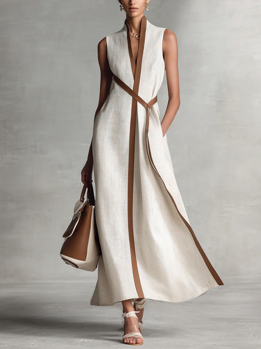 Kavryn | Contrast Trim Wrap V-Neck Sleeveless Flared Maxi Dress