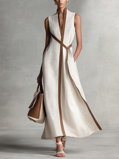 Kavryn | Contrast Trim Wrap V-Neck Sleeveless Flared Maxi Dress