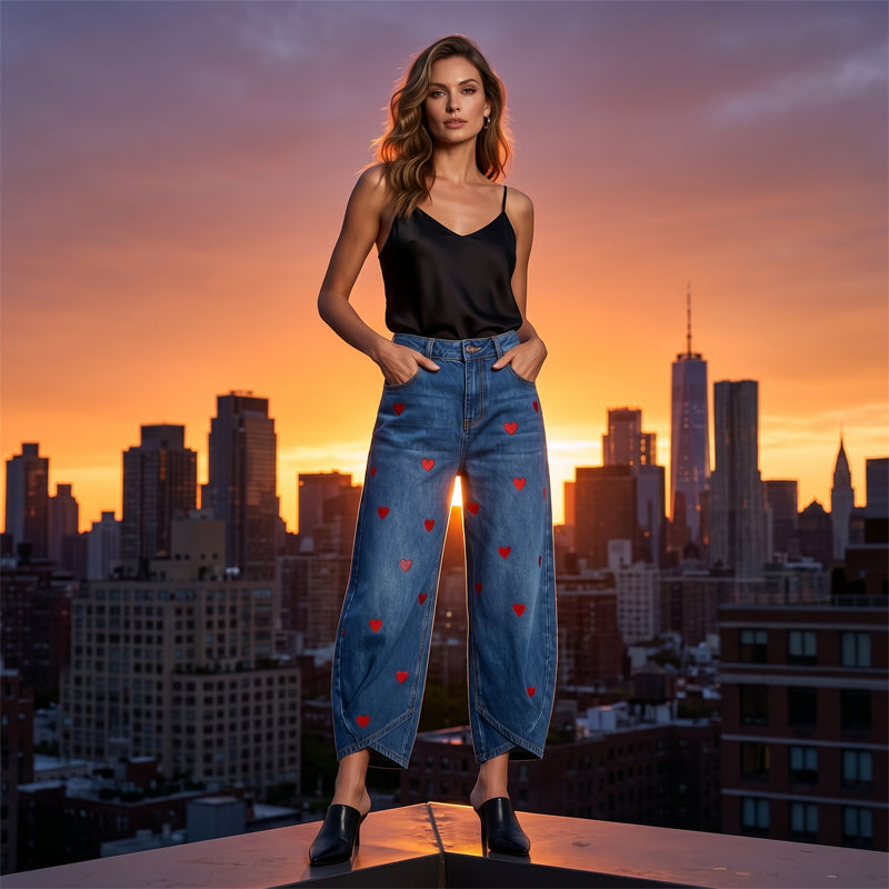 Delaney | Heart Print Barrel Leg Jeans