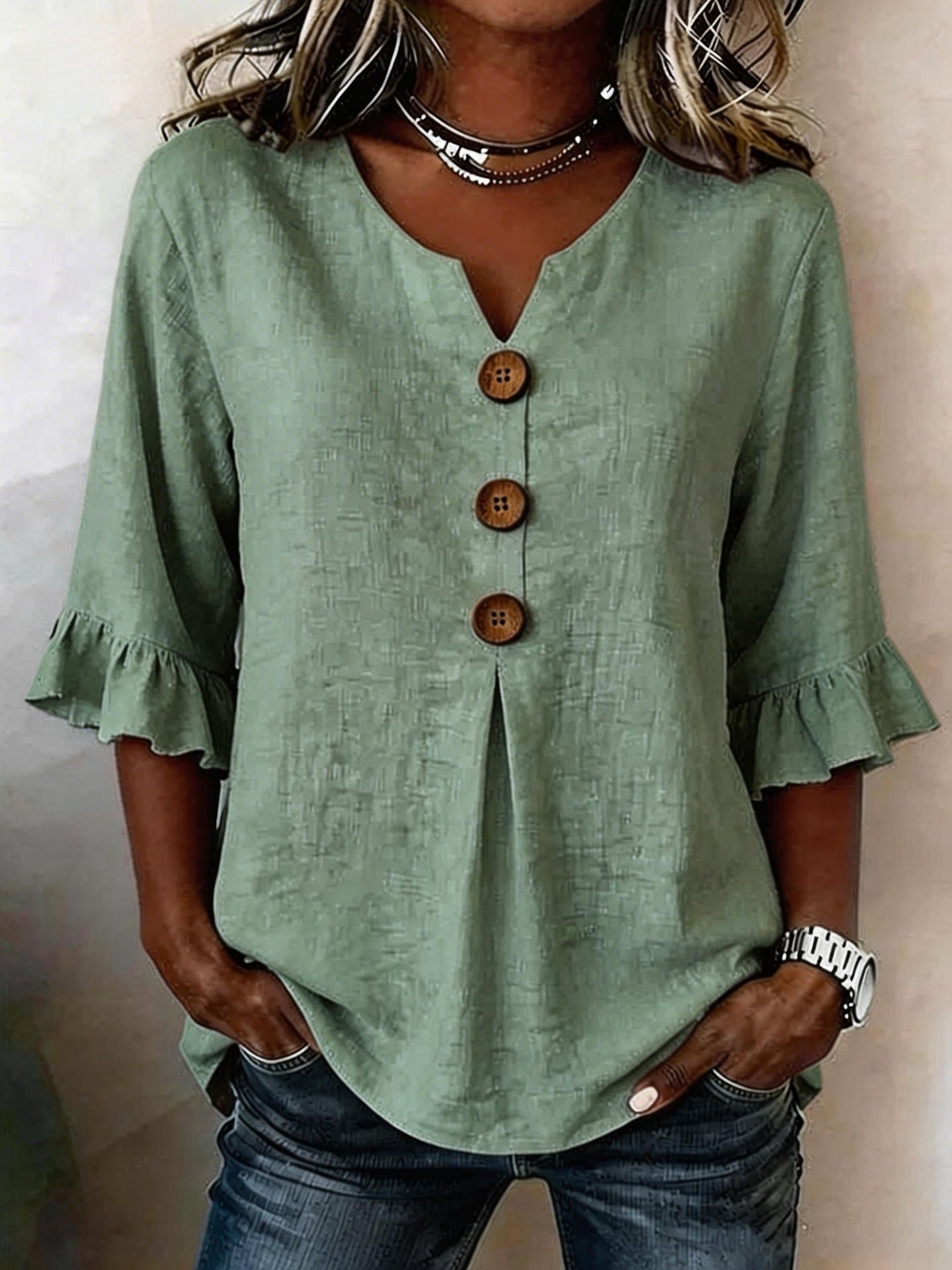 Loravelle | Ruffle Sleeve Button Front Blouse