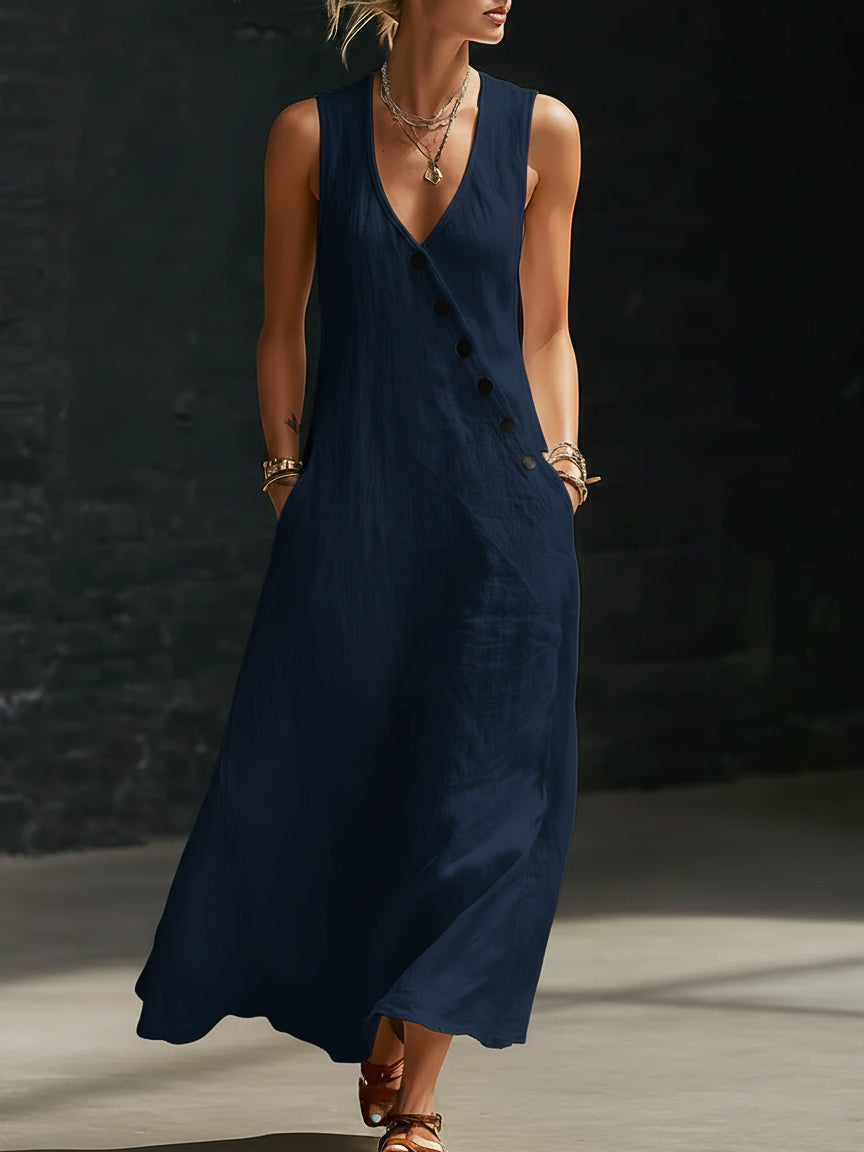 Zyvara | Linen V-Neck Diagonal Button Sleeveless Pocket Maxi Dress