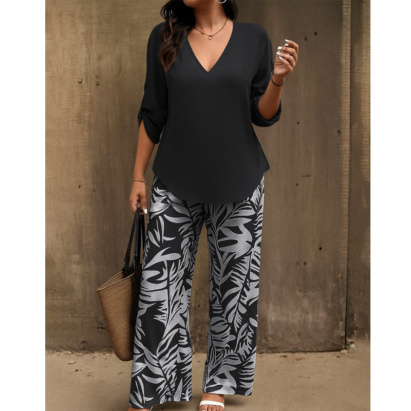 Kaelora | V Neck Top and Printed Trouser Set