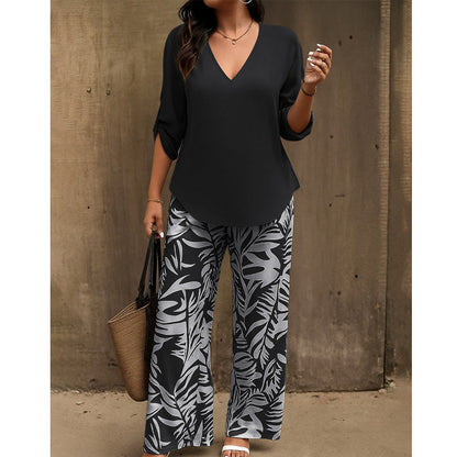 Kaelora | V Neck Top and Printed Trouser Set