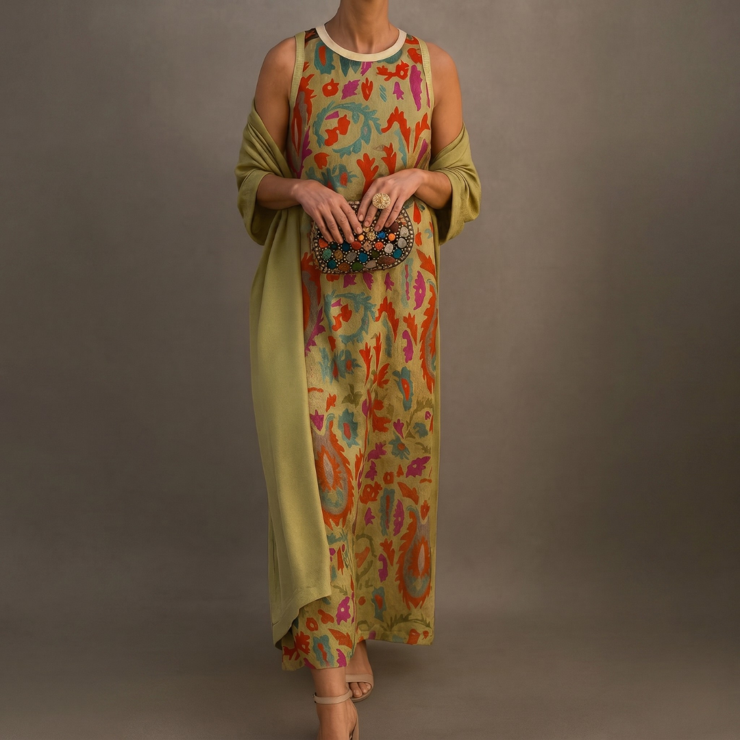 Mirevique | Printed Dress and Satin Shawl Set