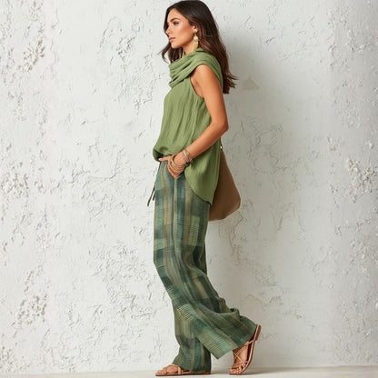 Araminta | Scarf Neck Top And Plaid Trouser Set