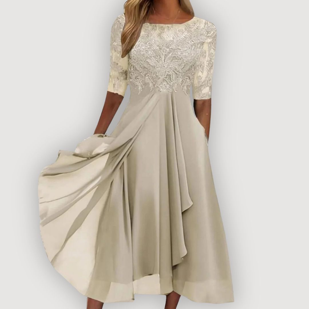 Elysoria | Embroidered Lace Midi Evening Dress