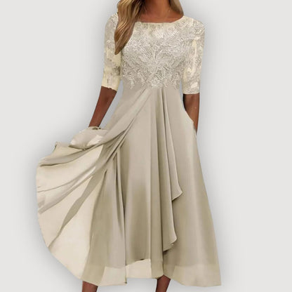 Elysoria | Embroidered Lace Midi Evening Dress