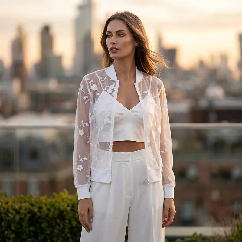 Quillora | Sheer Floral Zip Cardigan