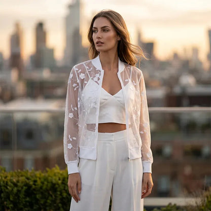 Quillora | Sheer Floral Zip Cardigan