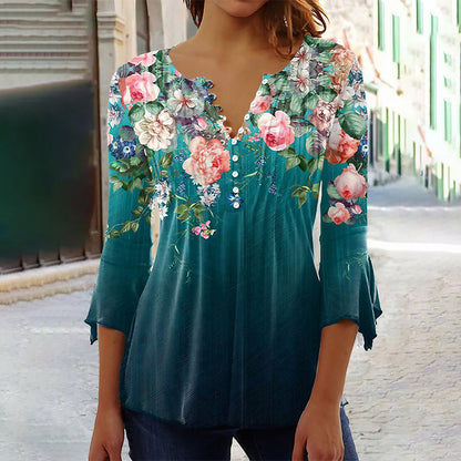 Sevryn | Floral Border Print Pintuck Button Notch Neck Three-Quarter Sleeve Top