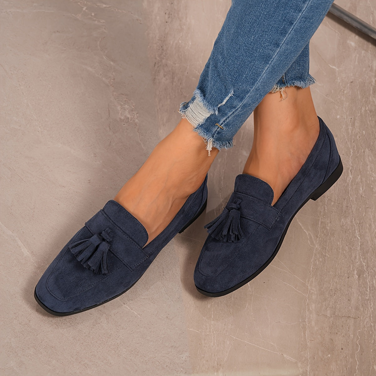 Sylvara | Navy Suede Tassel Detail Flat Smart Loafers
