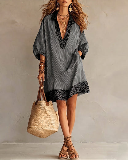 Perrine | Leopard Trim Stripe Shirt Dress