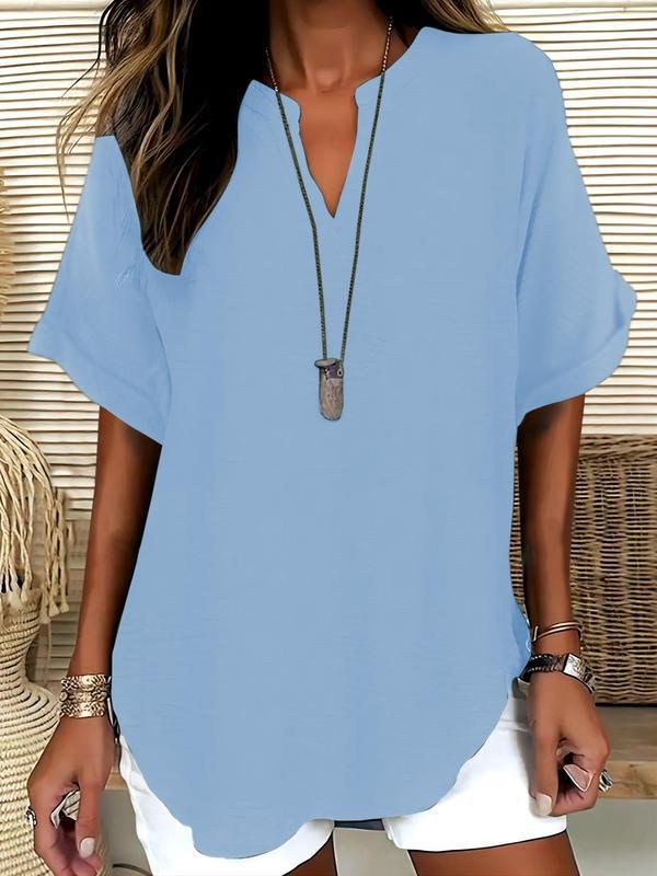 Zyvara | Linen Notch Neck Curved Hem Relaxed Short Sleeve Top