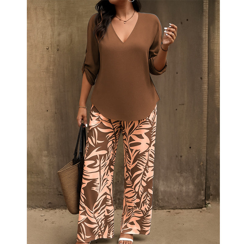 Kaelora | V Neck Top and Printed Trouser Set