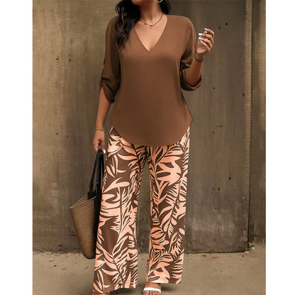Kaelora | V Neck Top and Printed Trouser Set