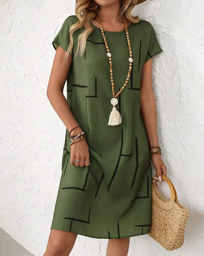 Sage | Geometric Print Round Neck Relaxed Midi Dress