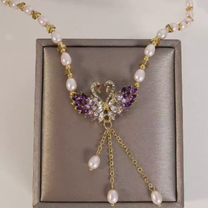 Sovlyn | Crystal Swan Pearl Bead Gold Chain Tassel Necklace