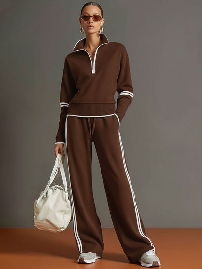 Vexara | Sporty Stripe Detail Quarter-Zip Top & Wide Leg Tracksuit Set