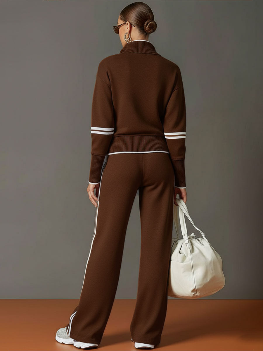 Vexara | Sporty Stripe Detail Quarter-Zip Top & Wide Leg Tracksuit Set