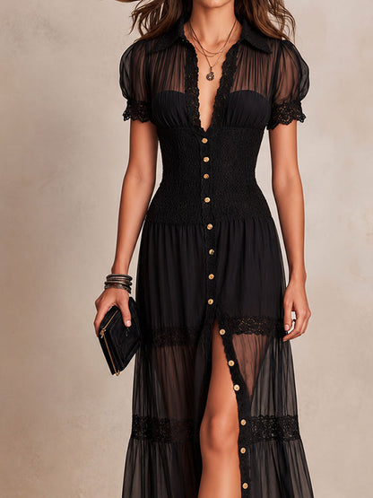 Ulani | Sheer Lace Button Front Maxi Dress