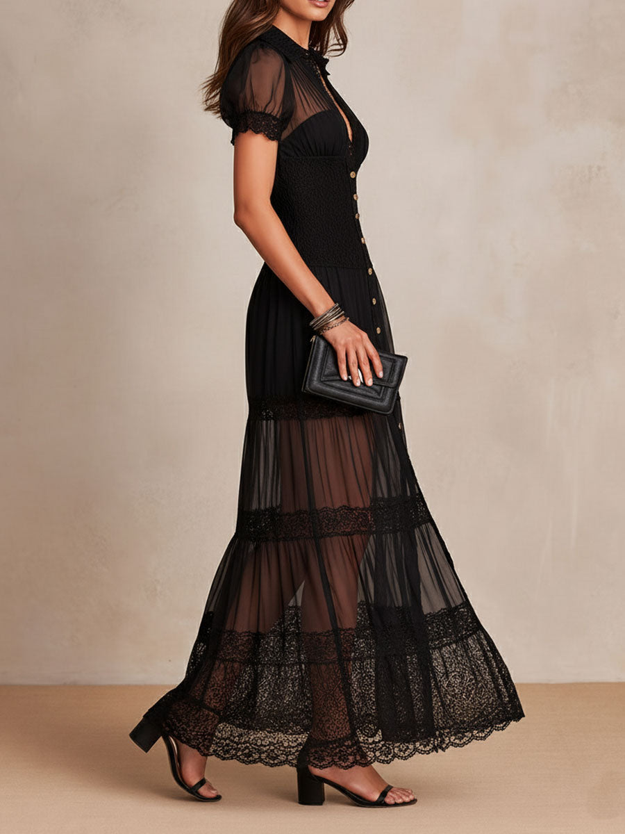 Ulani | Sheer Lace Button Front Maxi Dress
