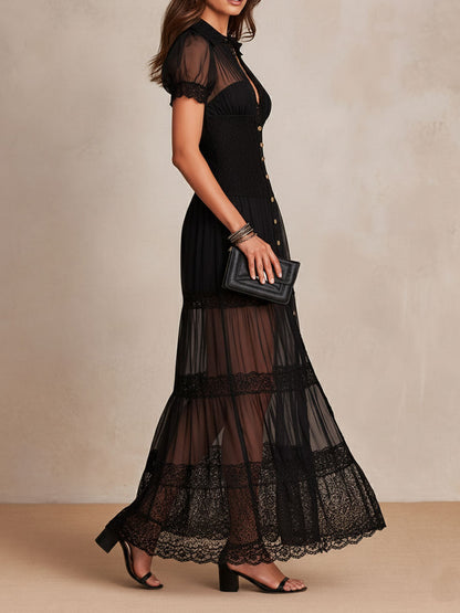 Ulani | Sheer Lace Button Front Maxi Dress