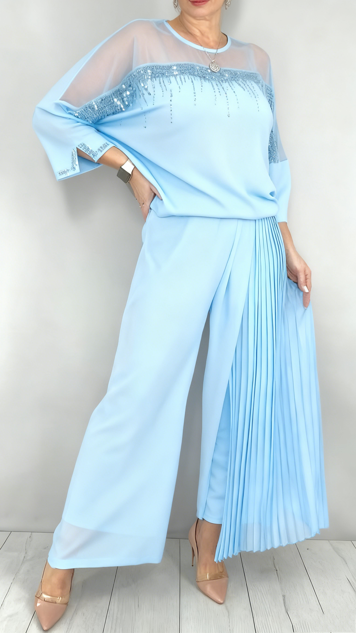 Kendra | Embellished Pleated Two Piece Pants Set