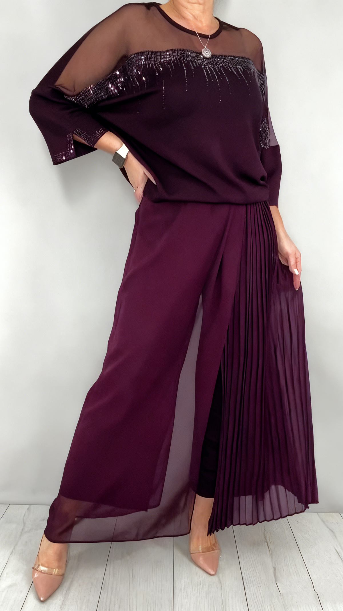 Kendra | Embellished Pleated Two Piece Pants Set