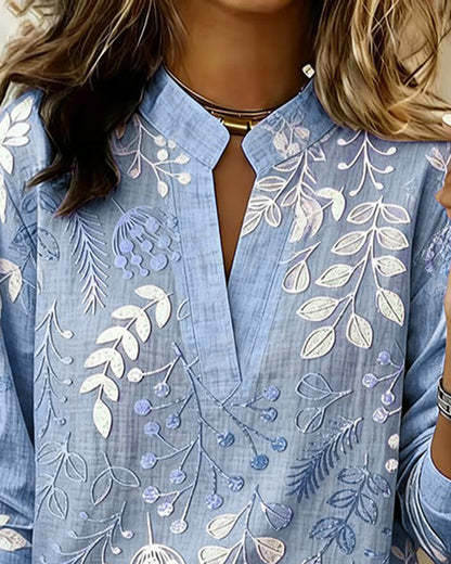 Flora | Botanical Print V-Neck Long Sleeve Blouse