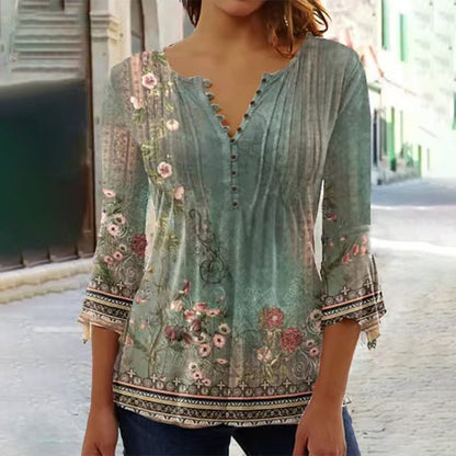 Sevryn | Floral Border Print Pintuck Button Notch Neck Three-Quarter Sleeve Top