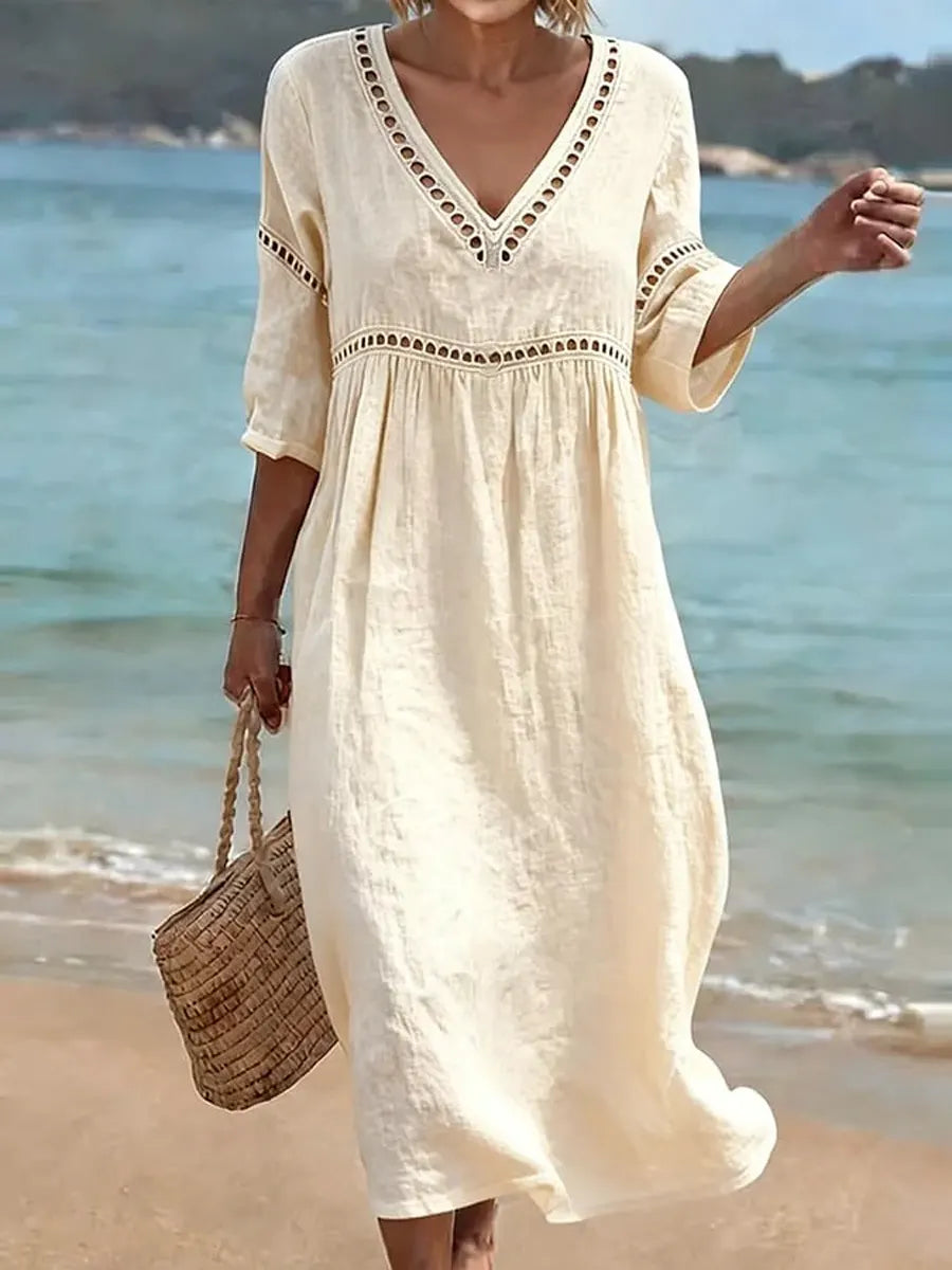 Tuvaine | Linen Eyelet Trim V-Neck Empire Waist Relaxed Midi Dress