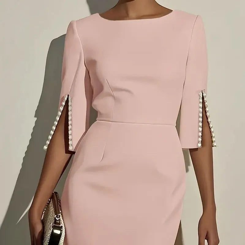 Kaliana | Elegant Pearl Sleeve Midi Dress