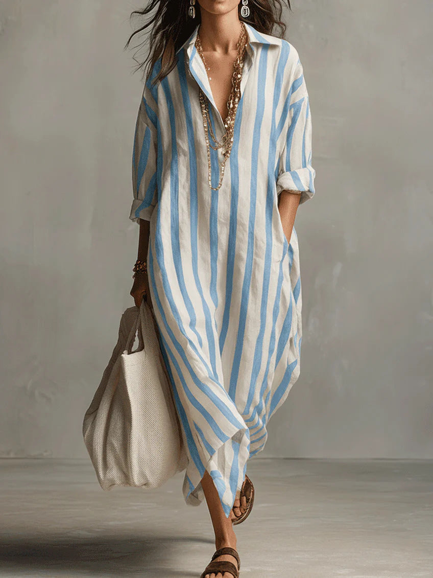 Sable | Bold Stripe Relaxed Roll-Sleeve Midi Shirt Dress
