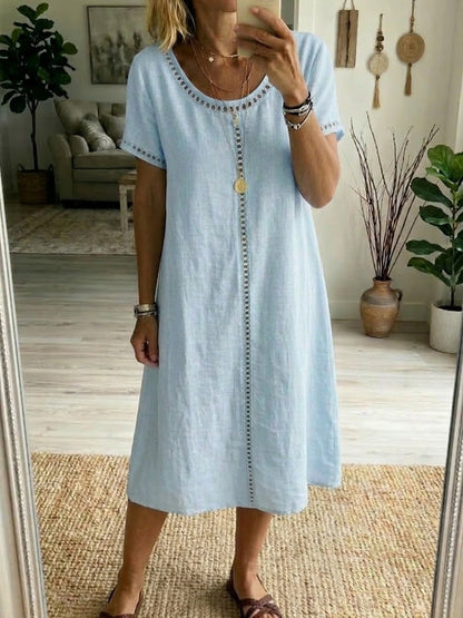 Clara | Linen Trim Detail Short Sleeve Midi Dress