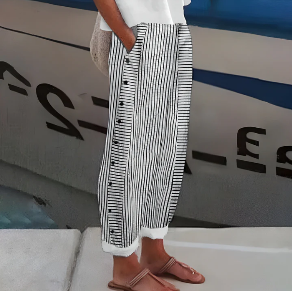Lyndrel | Nautical Stripe Button Side Casual Wide Leg Trousers
