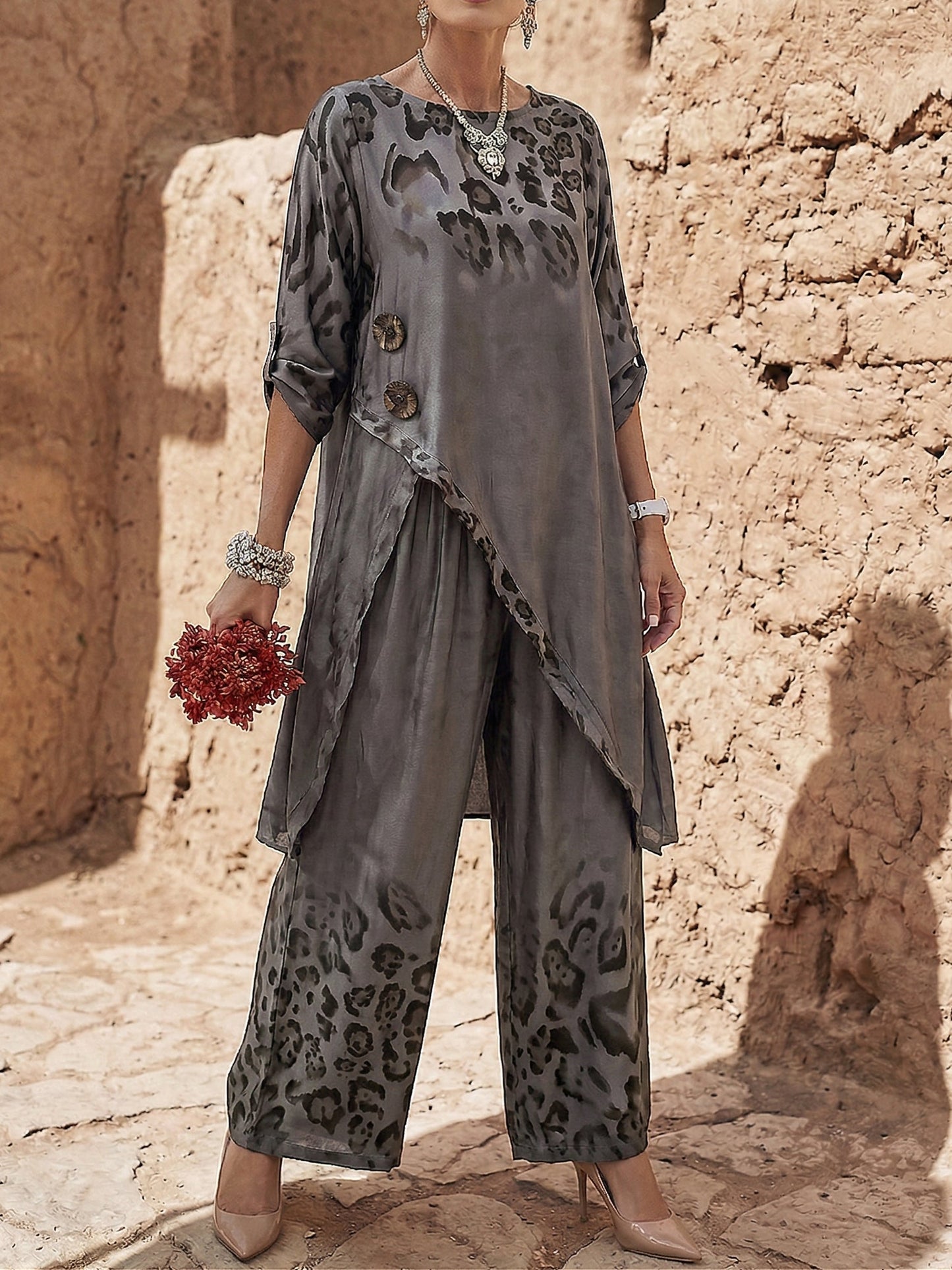 Lorrex | Animal Print Button Detail Longline Top & Palazzo Trouser Two-Piece Set