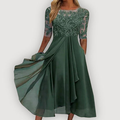 Elysoria | Embroidered Lace Midi Evening Dress