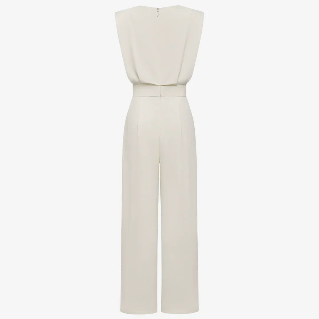 Duvaine | Shoulder Pad Sleeveless Round Neck Wide Leg Tailored Jumpsuit