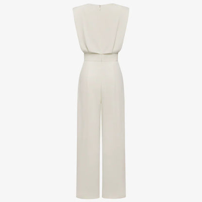 Duvaine | Shoulder Pad Sleeveless Round Neck Wide Leg Tailored Jumpsuit