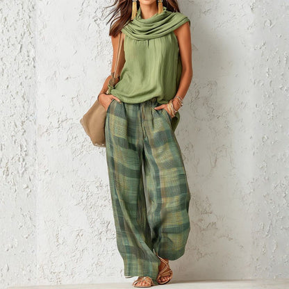 Araminta | Scarf Neck Top And Plaid Trouser Set
