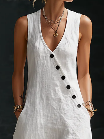 Zyvara | Linen V-Neck Diagonal Button Sleeveless Pocket Maxi Dress
