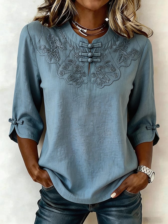 Virella | Embroidered Mandarin Neck Blouse