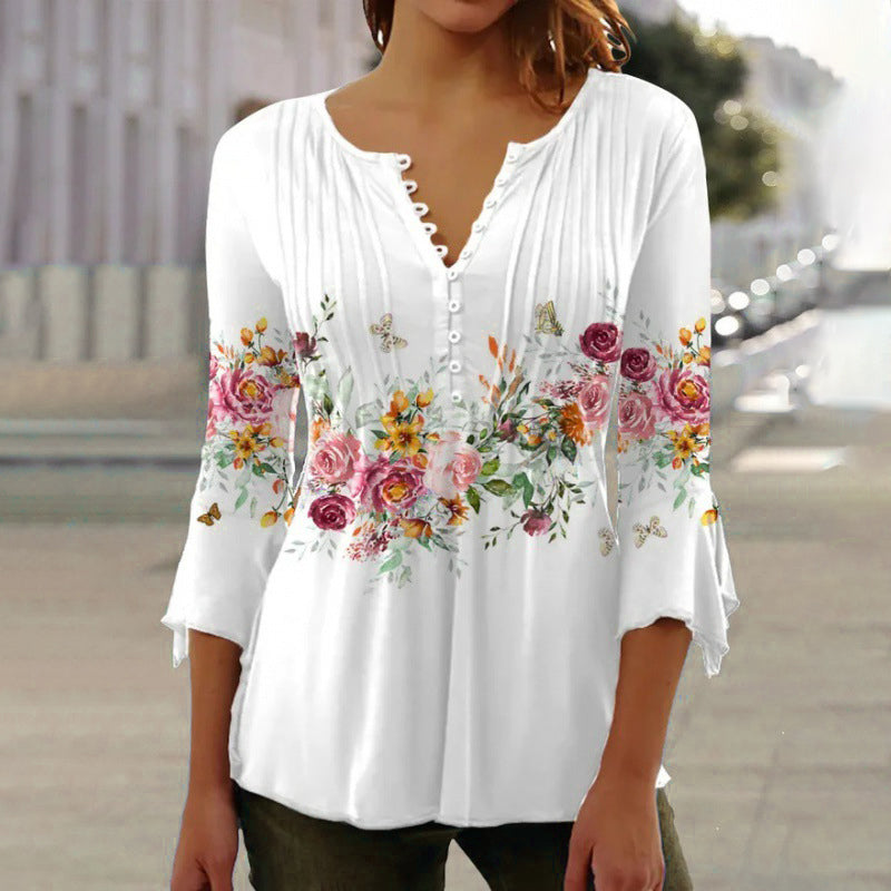 Sevryn | Floral Border Print Pintuck Button Notch Neck Three-Quarter Sleeve Top