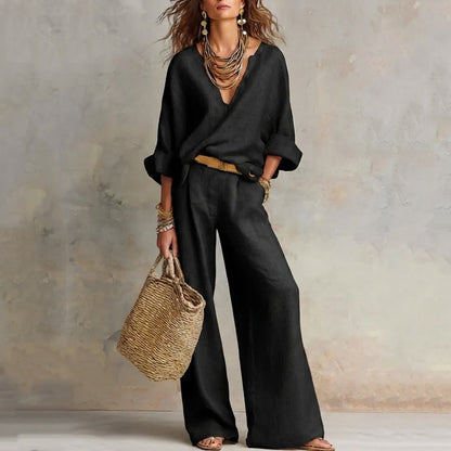 Veltrielle | Casual V Neck Top and Wide Leg Trousers