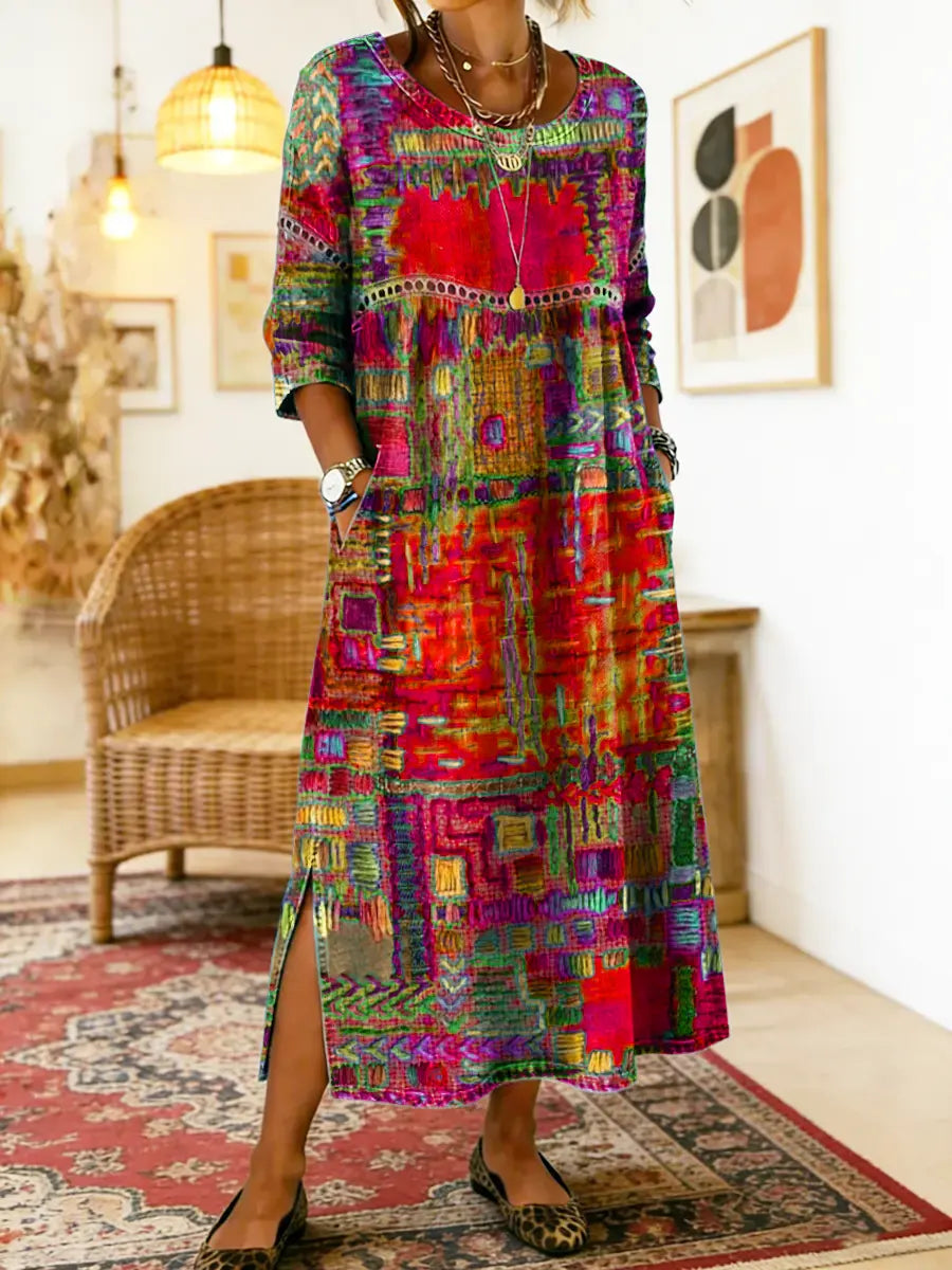 Frida | Boho Patchwork Print Relaxed Maxi Dress with Pockets