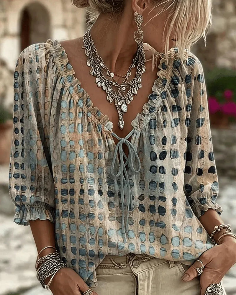 Lorevienne | Textured Polka Dot Peasant Top