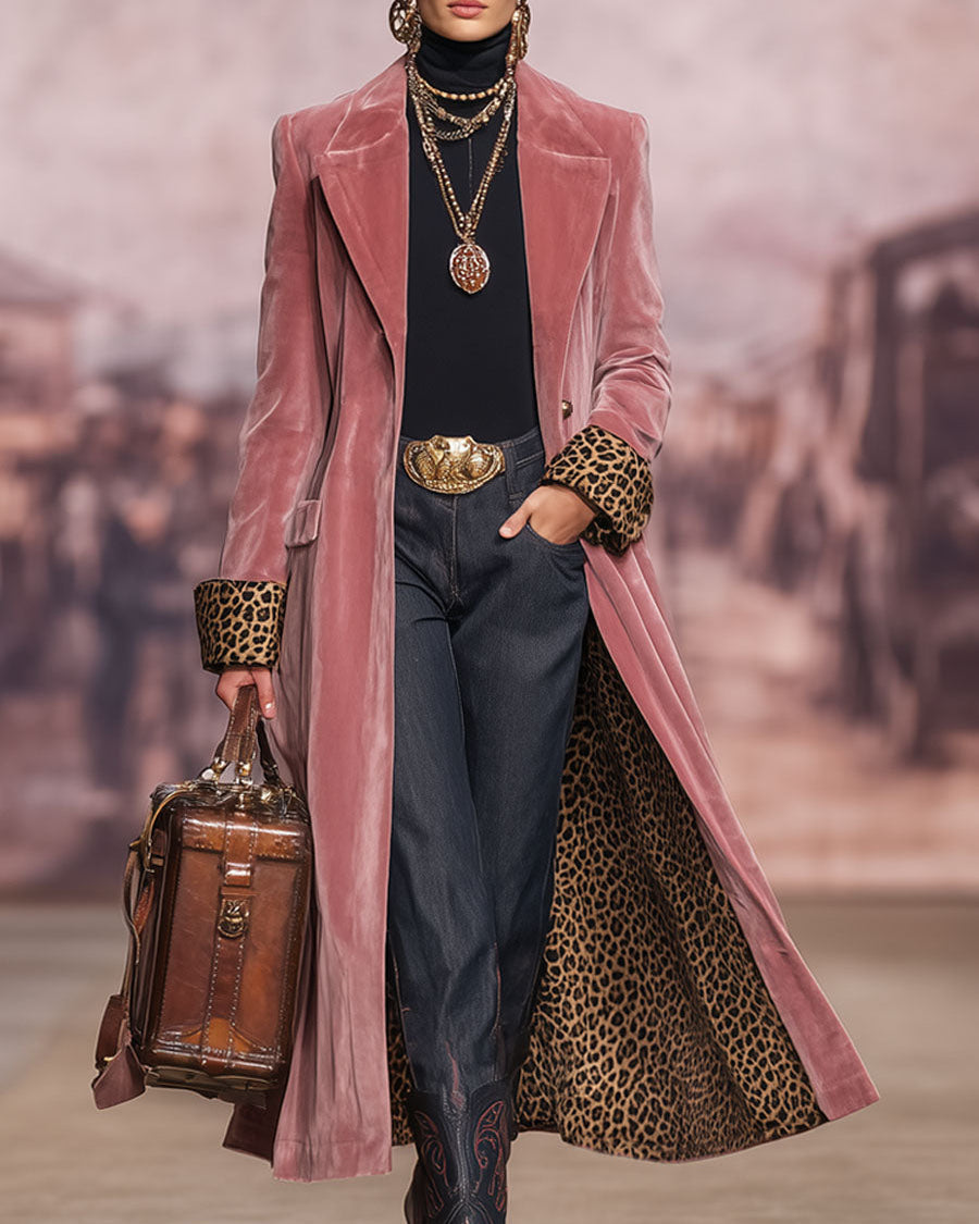 Marzena | Statement Leopard Cuff Velvet Long Coat