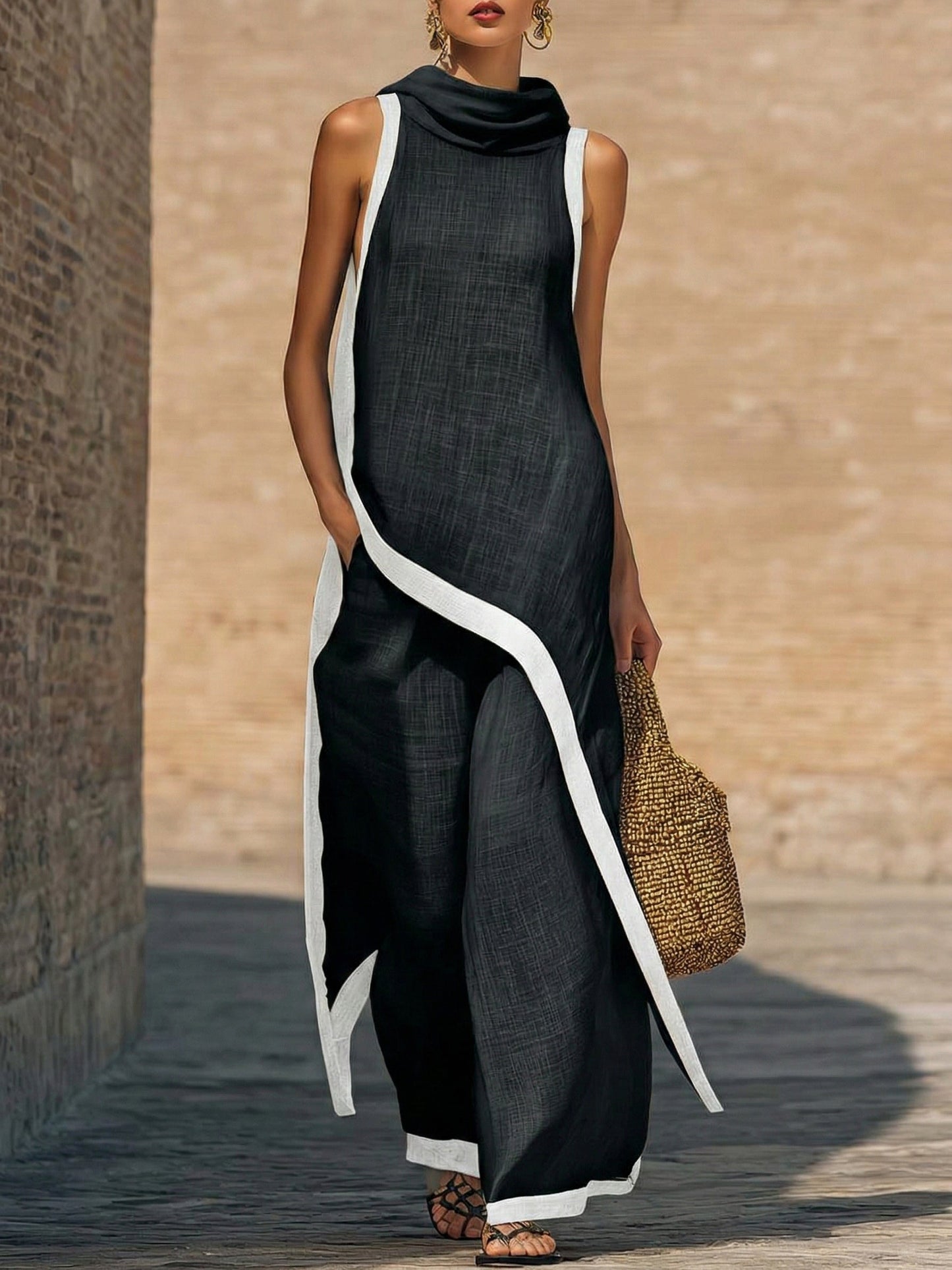 Gelvara | Contrast Trim Cowl Neck Asymmetric Linen Top & Wide Leg Trouser Set