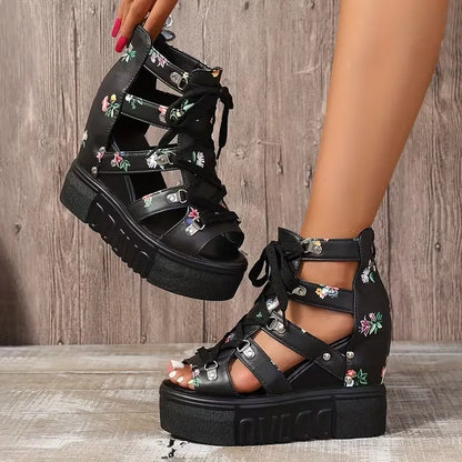Xylara | Floral Lace Up Platform Sandals